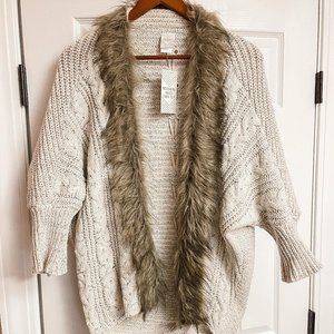 NWT - Northern Angel Medium Open Front Cardigan - Faux Fur Trim Lace Up Back